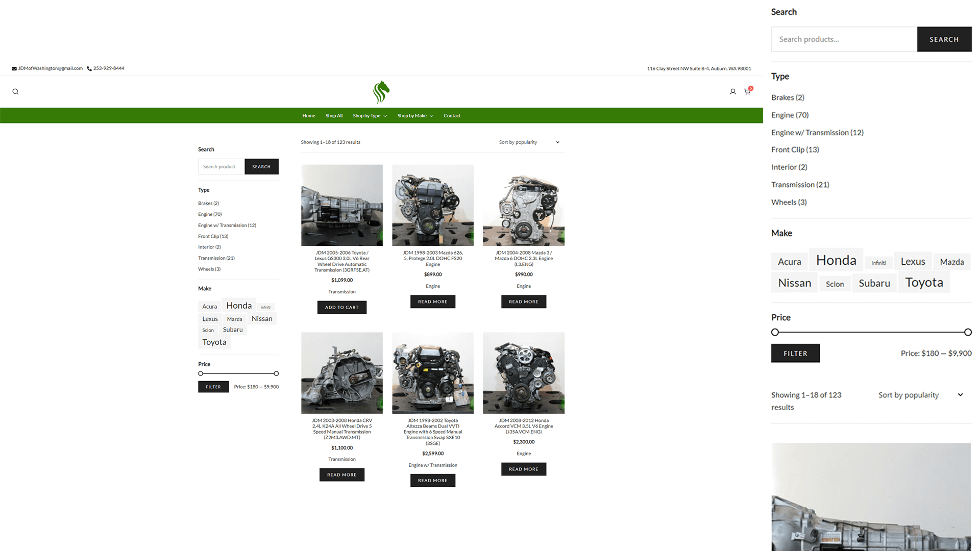 JDM of Washington – Desktop and mobile device screenshots of the product listing/search/filtering webpage