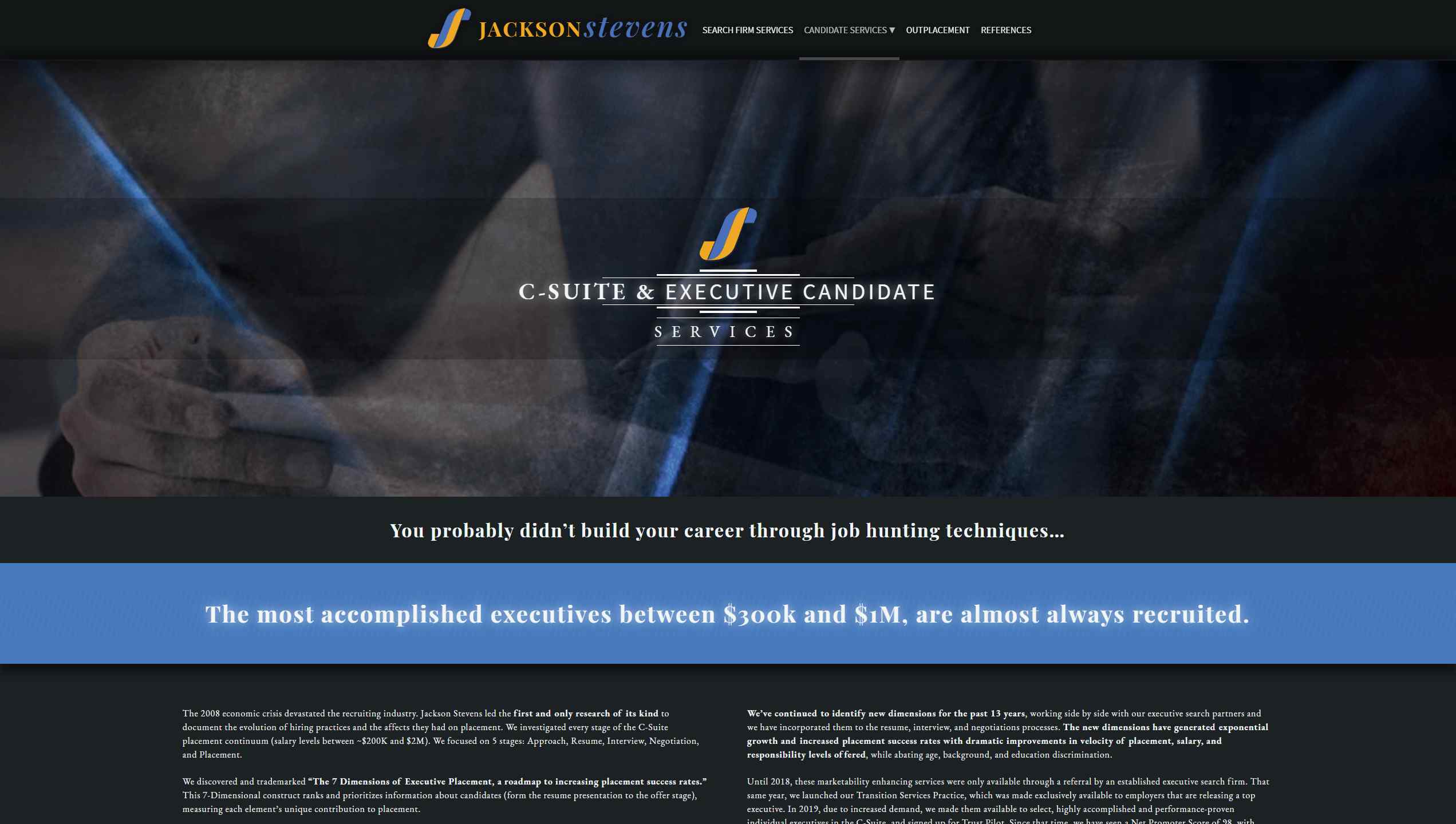 Jackson Stevens Resumes – Desktop device screenshot of the candidate services webpage