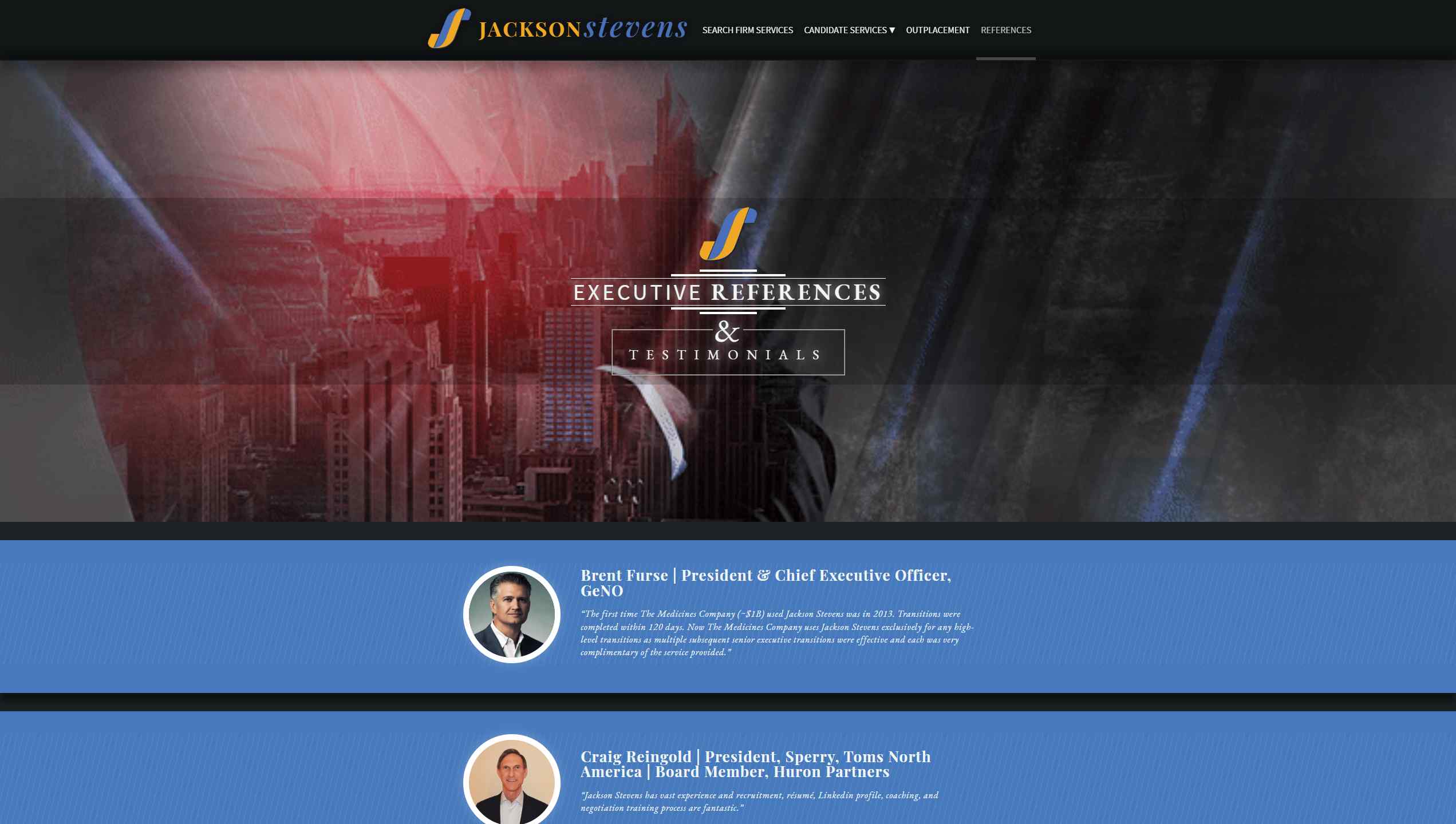 Jackson Stevens Resumes – Desktop device screenshot of the testimonials webpage