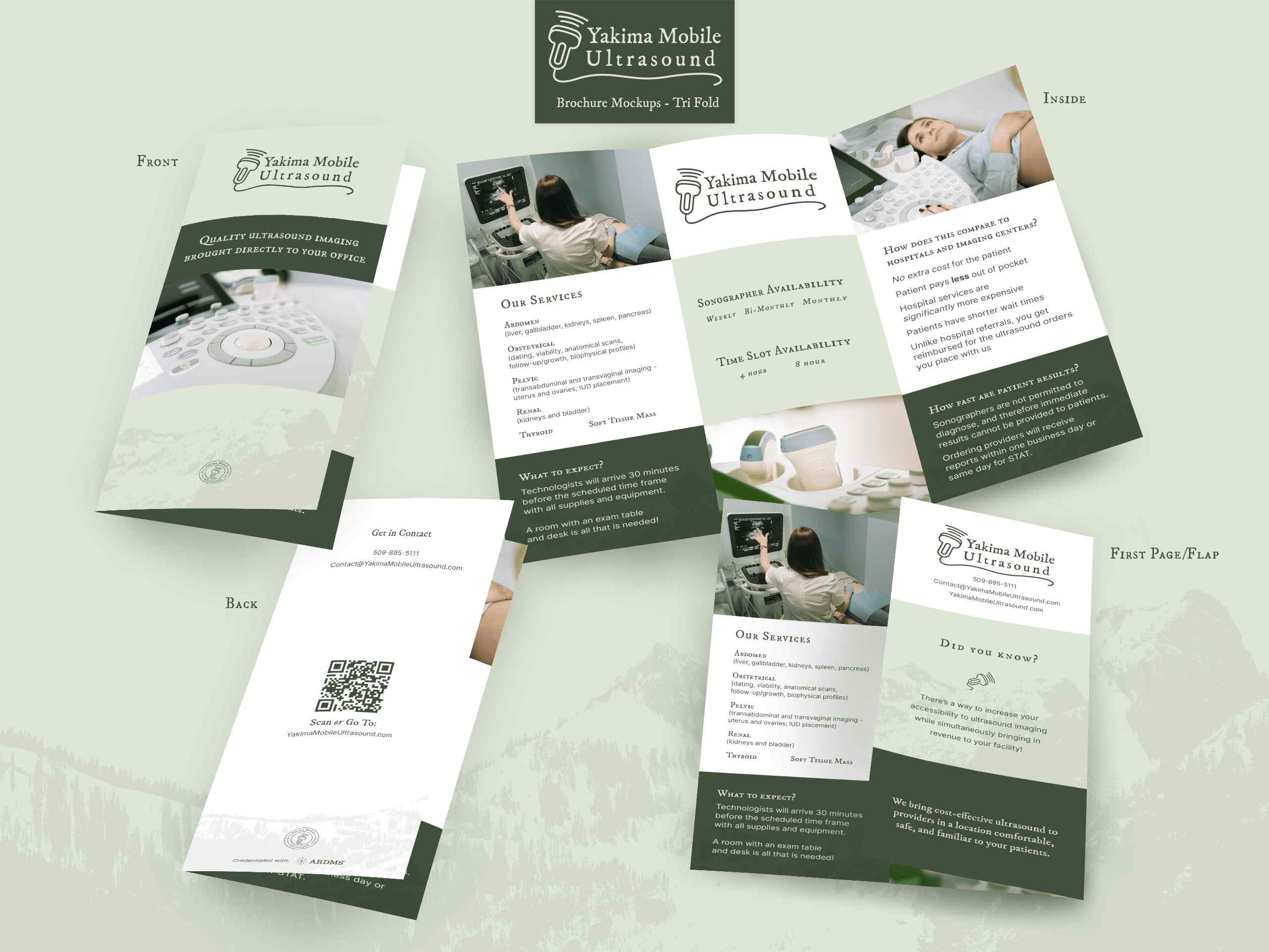 Yakima Mobile Ultrasound – Mockups of a tri-fold brochure designed on-brand for marketing use