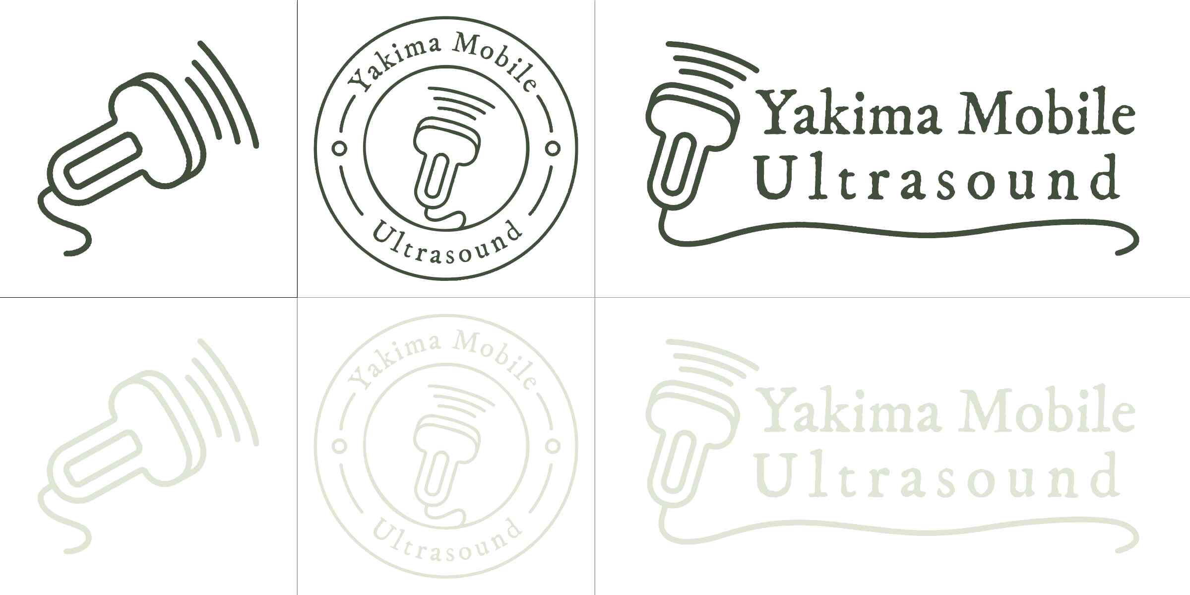 Yakima Mobile Ultrasound's logo, logo seal, and logotype in the brand's dark and light green colors